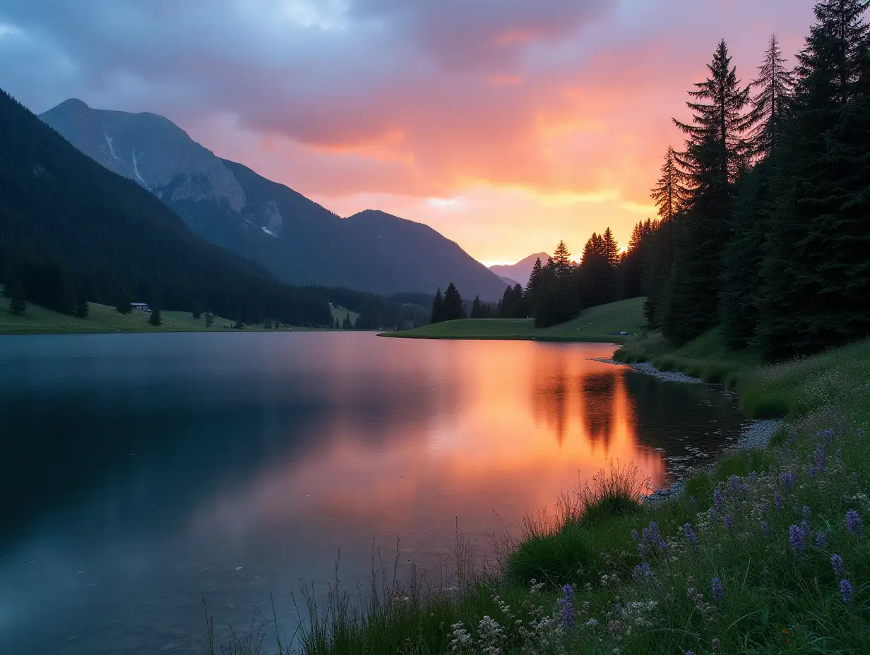 Sunset at the mountain lake, Zittauerhuette, refuge, at the lower Gerlossee, Wildgerlossee, Pinzgau, Salzburg, Austria, Europe