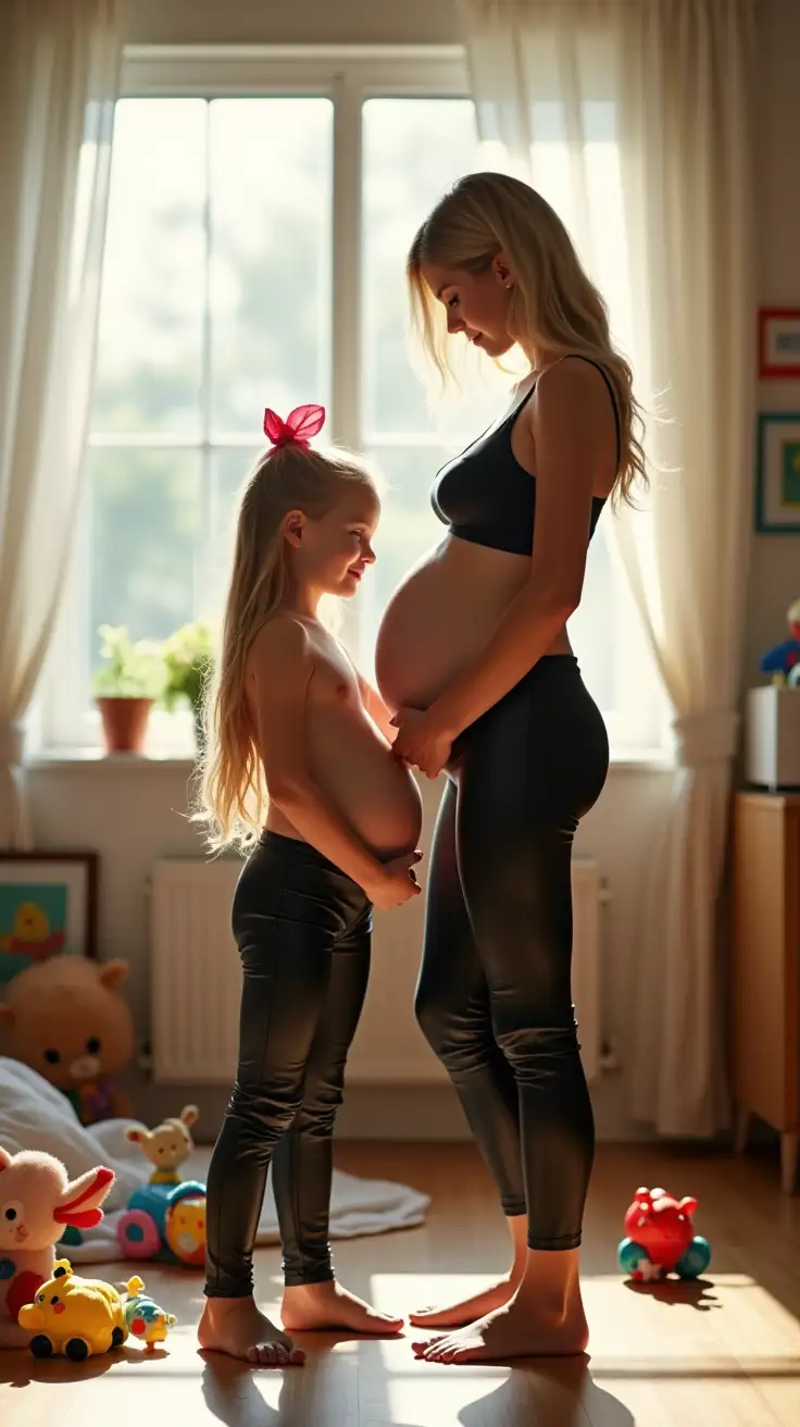 Pregnant-Mother-and-Daughter-in-Bright-Bedroom-Surrounded-by-Toys