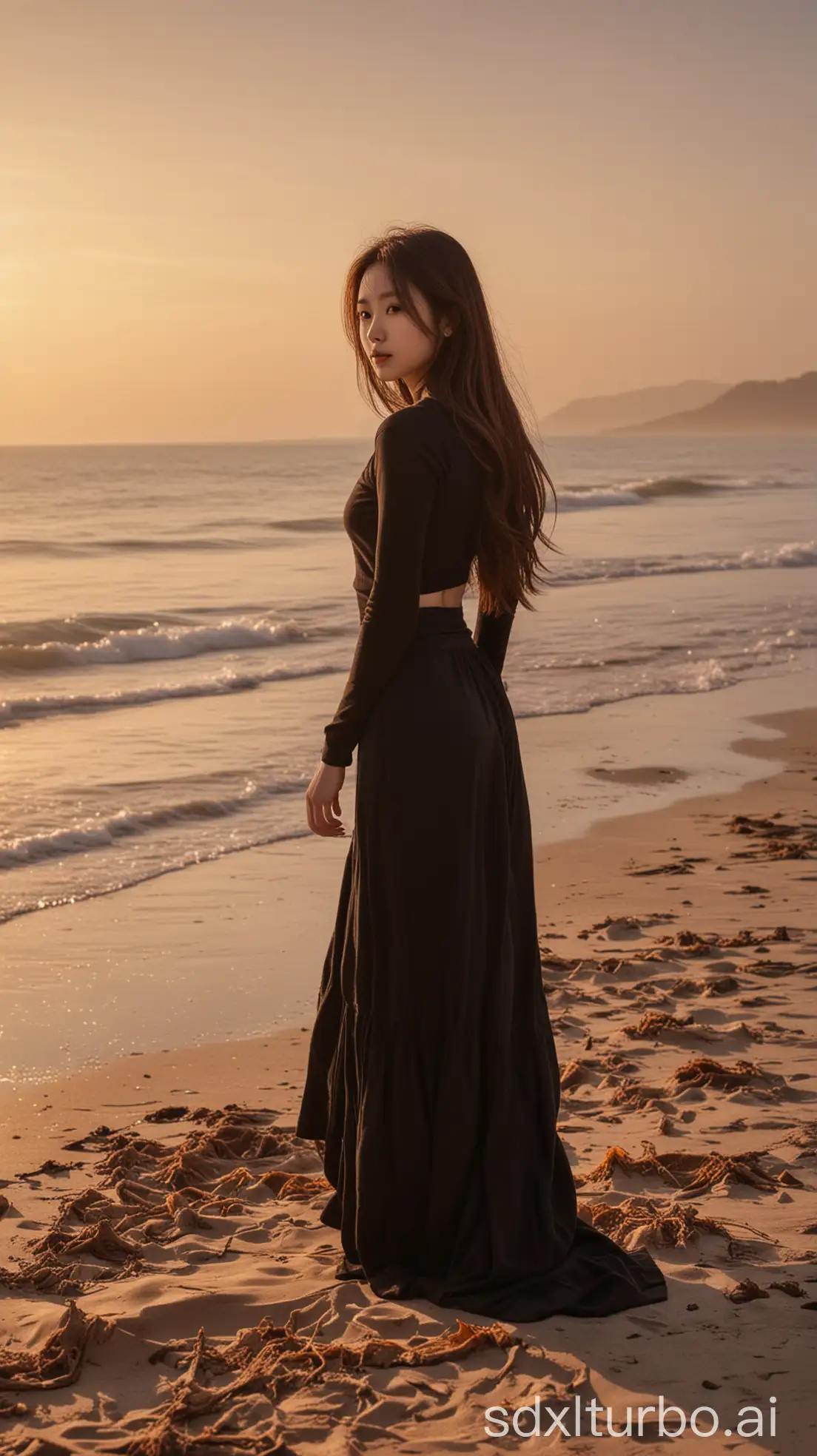 Chinese-Woman-in-Amber-Winter-Twilight-on-Beach-Backlit-with-Long-Brown-Hair