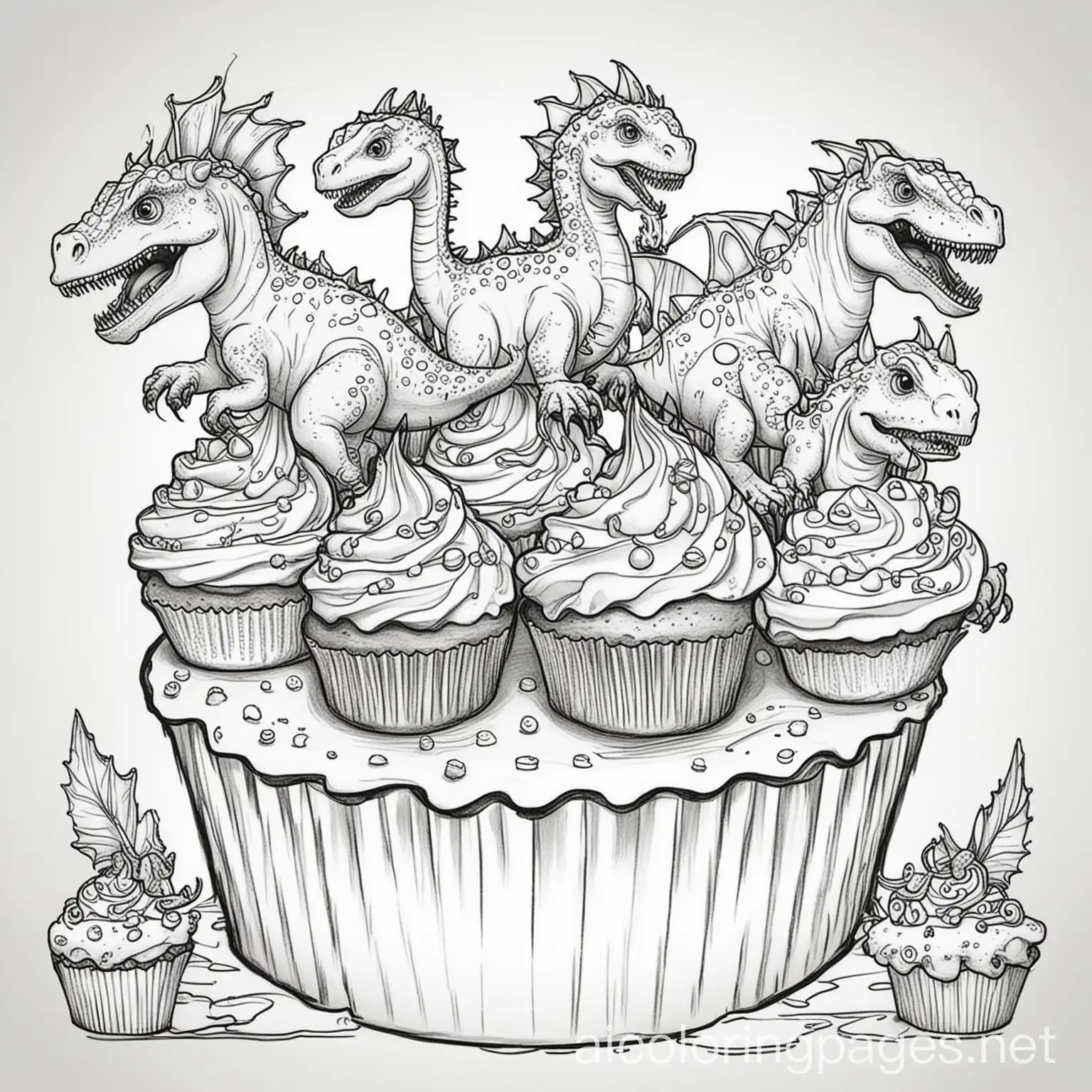 Coloring-Page-Cupcake-with-Dinosaurs-and-Dragons