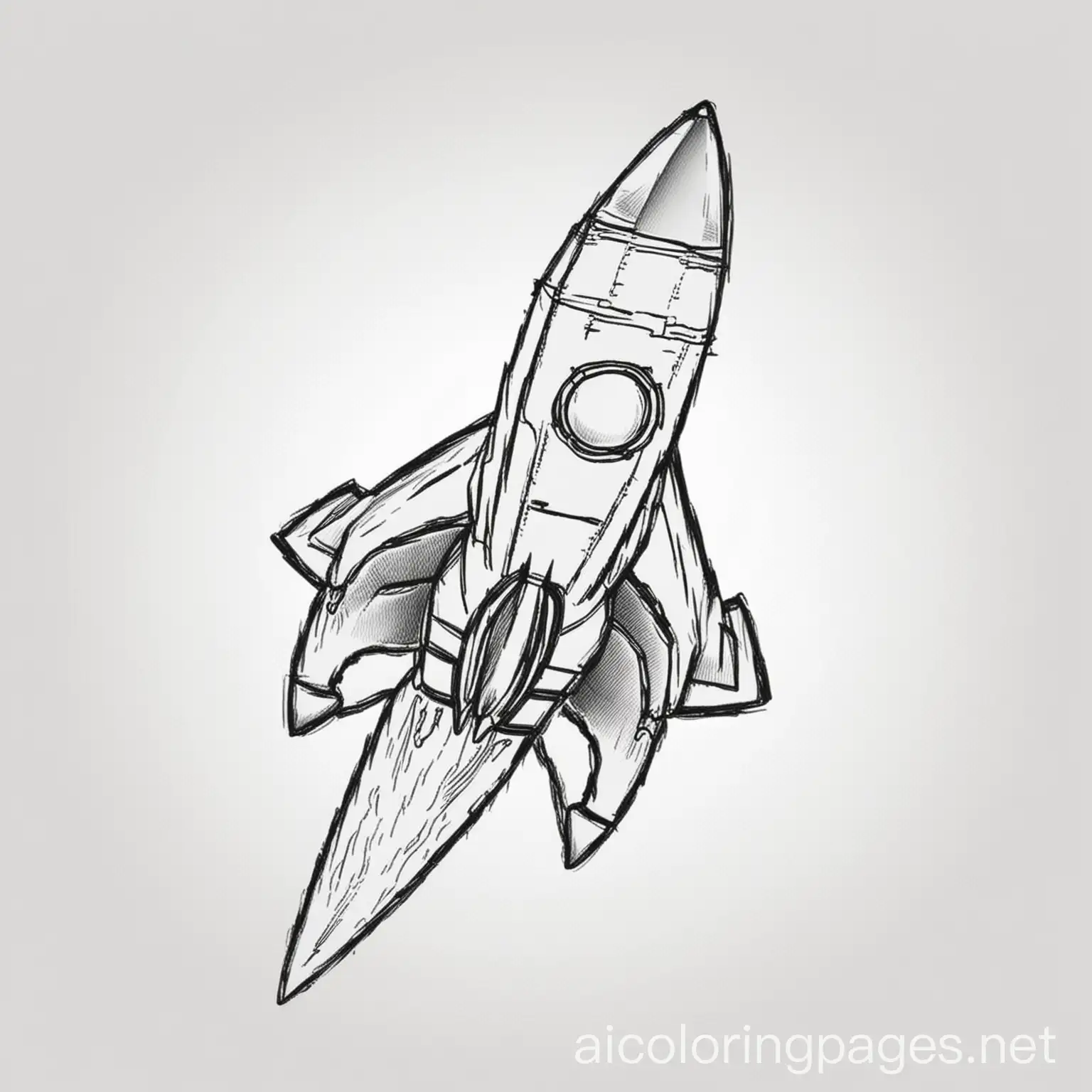 Rocket, Coloring Page, black and white, line art, white background, Simplicity, Ample White Space. The background of the coloring page is plain white to make it easy for young children to color within the lines. The outlines of all the subjects are easy to distinguish, making it simple for kids to color without too much difficulty