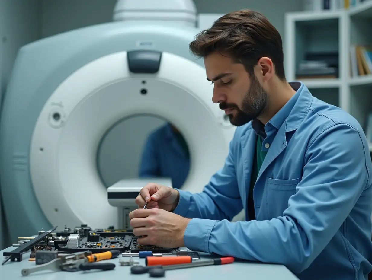 An engineer is repairing a computer tomograph, around him neatly lies the tool, clean shaven, without hair on face
