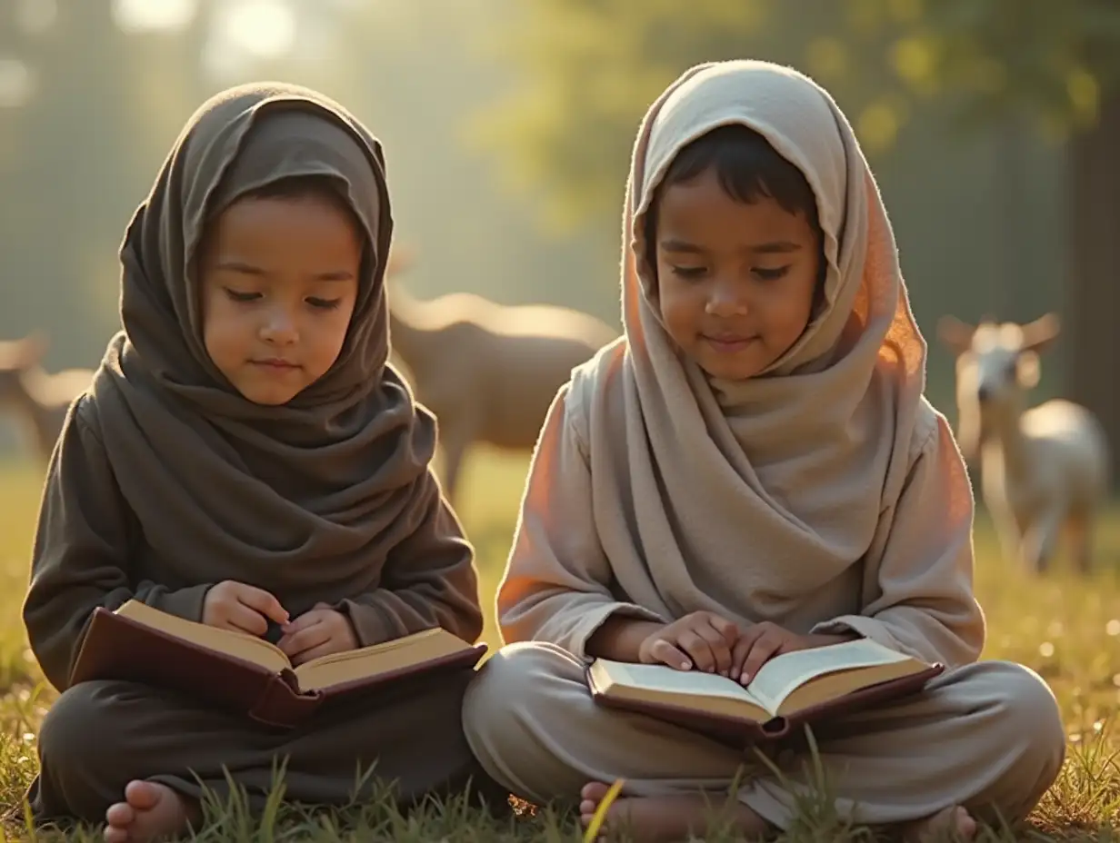 Show me the link to a peaceful video where children are reading Quran and there are also goats present. Write me a complete script of what will be eaten and put in my video.