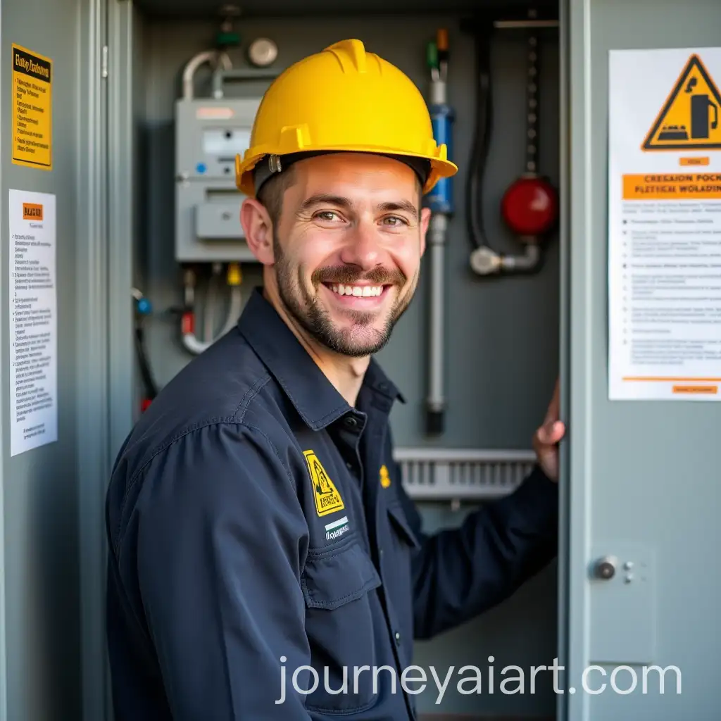 Cheerful-Electrician-Working-on-Electrical-Cabinet-with-Safety-Poster