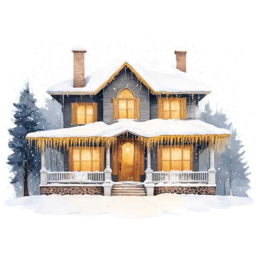 Beautiful-Winter-House-with-Snow-and-Shimmering-Golden-Garland-PNG-Image