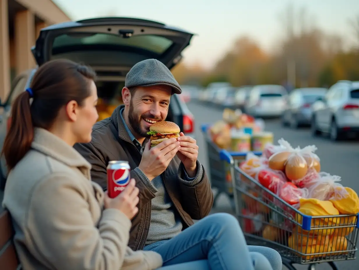 situation near the store. in the foreground a man and a woman siting on a bench, eating a burger and holding a can of Pepsi-Cola in his hand. behind him is a parked car filled with a huge amount of food. the man bought food, loaded everything into the car and stands tired and happy eating a burger. behind him are carts filled with various products. Look at the camera.