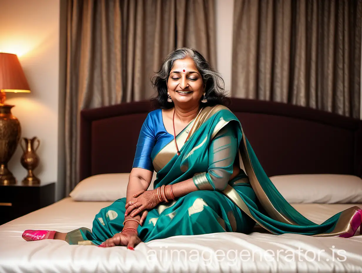 a POSH indian mature curvy woman with make up having age 56 years old happy and laughing sleeping with high heels wearing a saree on a luxurious bed  ... she is on a luxurious house