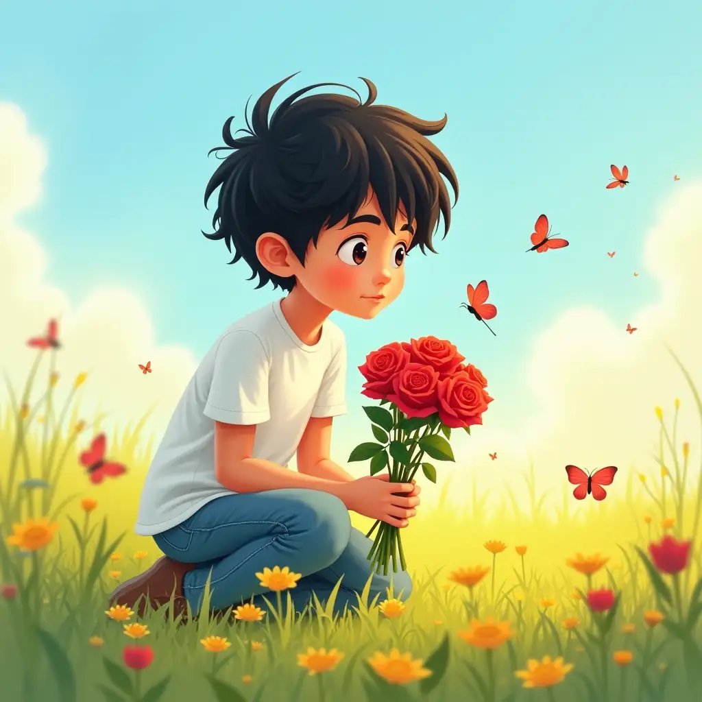 A young boy with messy black hair, wearing a white t-shirt and blue jeans, kneeling in a lush meadow filled with yellow wildflowers. He holds a bouquet of red roses and gazes at them with a gentle, thoughtful expression. The sky is bright blue with soft, fluffy clouds. A few small red butterflies flutter in the distance, adding a whimsical touch. The art style is warm and painterly, with soft lighting and vibrant colors, creating a dreamy, storybook-like atmosphere.