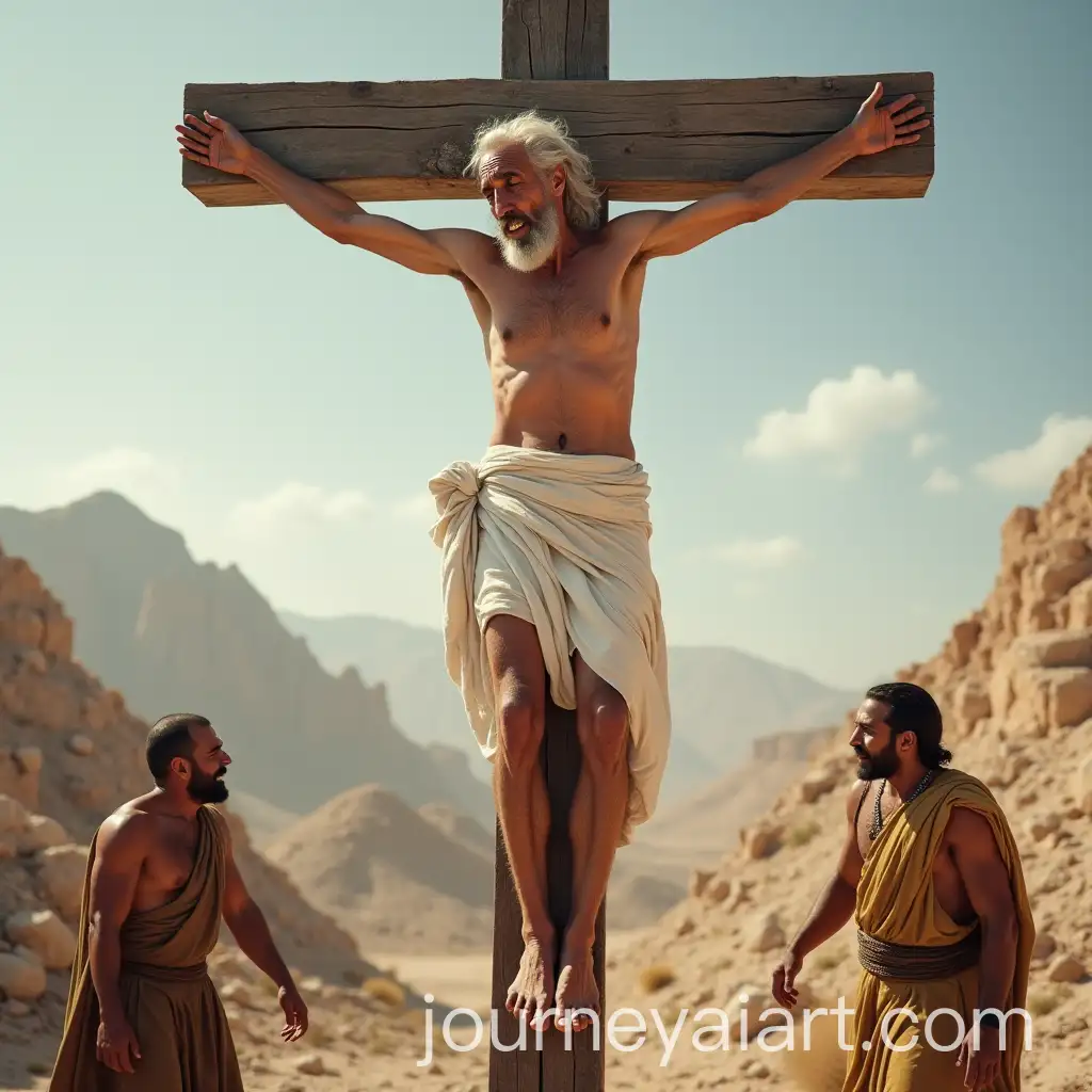 Frail-Grandpa-in-Roman-Resurrection-Pose-on-Stepped-Cross-with-Soldiers-in-Ancient-Mount-Sinai