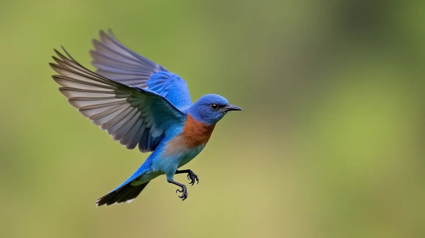 Vibrant Male Bluebird in Flight Against a Clear Sky