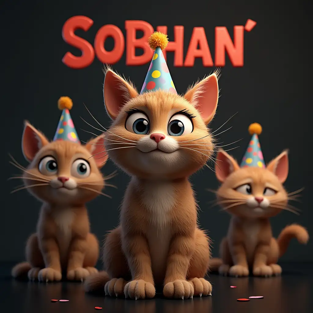 3D text 'Sobhan' is between many mature serious tabby cats wearing birthday hat, hazbin hotel hell theme, realistic and furry