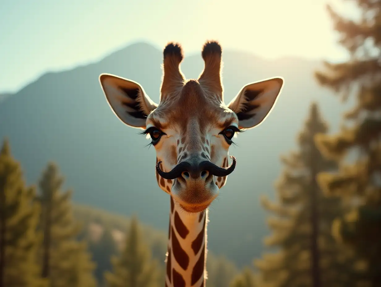 Cinematic Shot Subject: Giraffe with a fake mustache, beauty in the style of Wes Anderson, J.J.Abrams, neoclassical symmetry. Background: Quiet mountain background, sun shining through trees Influences: Wes Anderson, Joyful Celebration of Nature Emphasisers: BlueCore, TropicalCore, Depth of Field Camera: Shot on a Hasselblad medium format camera. Carl Zeiss Distagon t* 8mm f/ 2.8 ze, Ricoh r1.