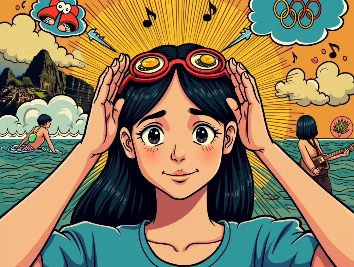 Illustration/comic style, with vivid and contrasting colors. A concentrated girl is racking her brain. She is in the center of the image, from the middle of the body. In the background there are several concepts: the beatles, machu picchu, gold, olympic swimmer, music