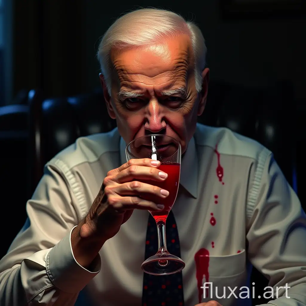 US President Biden, illuminated by harsh fluorescent light, sips crimson liquid from a crystal goblet. Hyper-realistic details reveal every wrinkle and pore. Oval Office backdrop, tension palpable. Blood-red droplets on white shirt. Unsettling atmosphere. Metaphor for political power dynamics. Photorealistic rendering, sharp focus.