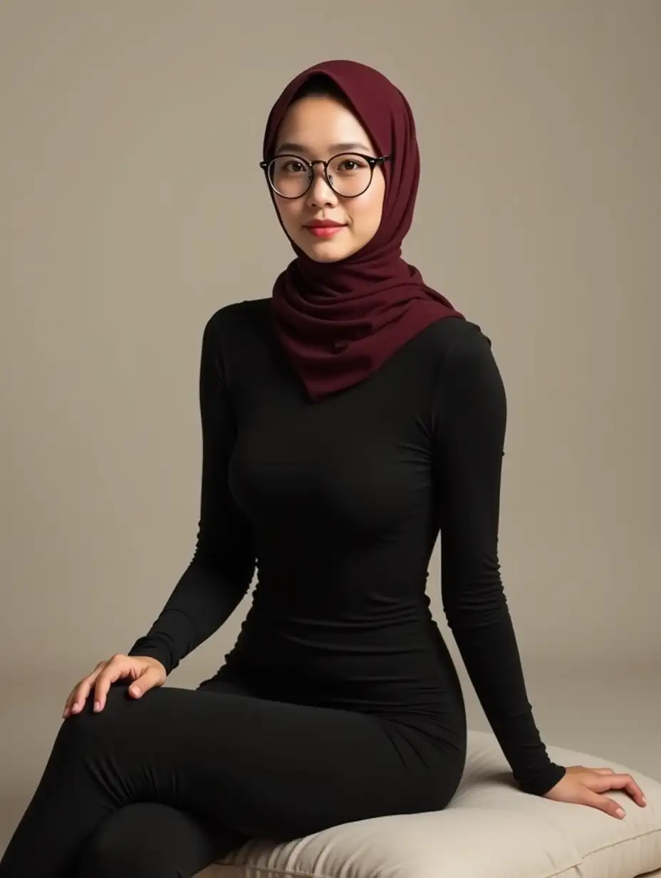 Elegant-20YearOld-Asian-Woman-in-Maroon-Hijab-and-Black-Swimsuit-Seated-in-Photo-Studio