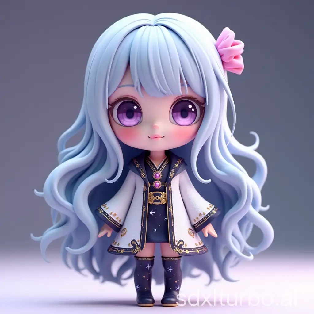 half Chibi anime girl, 3d model, standing t-pose, looking front, silver-blue long wavy hair with a pink hair clip, large expressive purple eyes, wearing an elegant white and black robe with galaxy/starry night patterns, detailed embroidery, celestial ornaments, cute and innocent expression, intricate outfit with flowing sleeves and cosmic motifs, thigh-high stockings with star designs, soft lighting, delicate and magical atmosphere, high detail, kawaii style, smooth shading