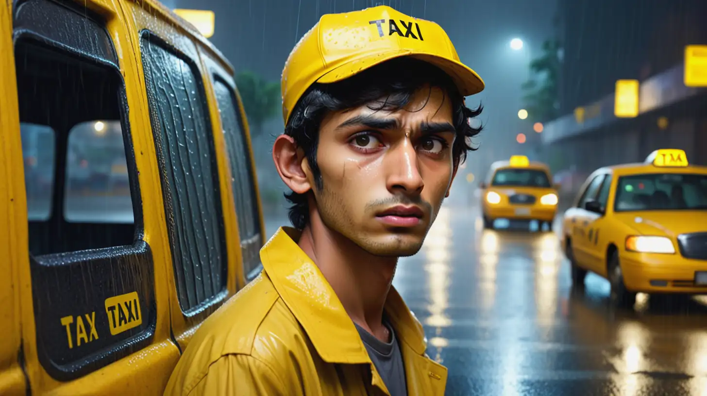 Sad Young Pakistani Engineer in Rainy Night with Yellow Taxi