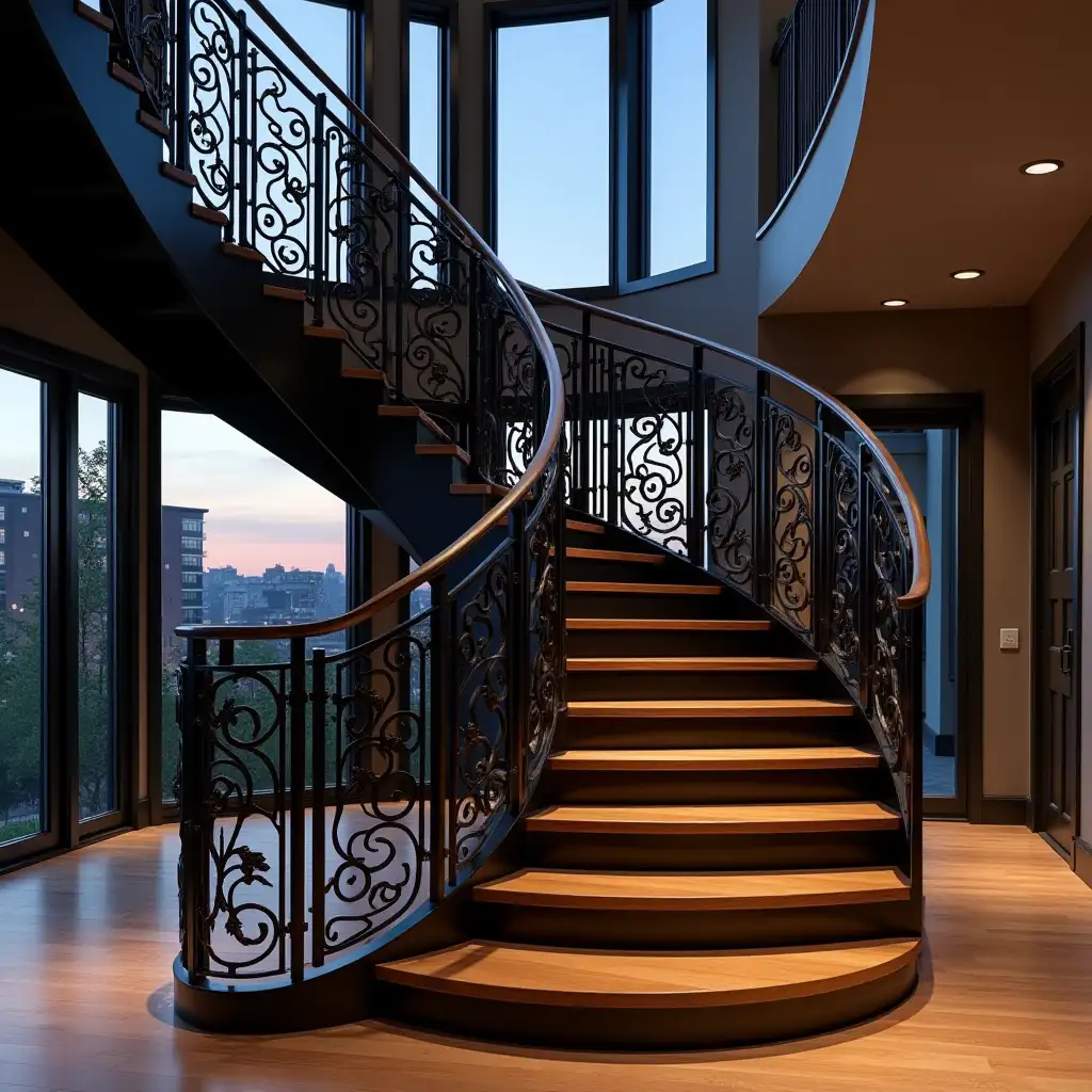 Imagine a high-quality AI-generated image showcasing an elegant wrought iron staircase with intricate scrollwork, illuminated by soft ambient lighting. The staircase, designed and crafted by Ballabani Iron Works, is set inside a luxurious modern home, blending classic craftsmanship with contemporary aesthetics. The polished black iron contrasts beautifully with the warm wooden steps, while the background features large glass windows revealing a cityscape at dusk. The Ballabani Iron Works logo is subtly engraved on the railing, emphasizing the brand's commitment to quality and artistry.