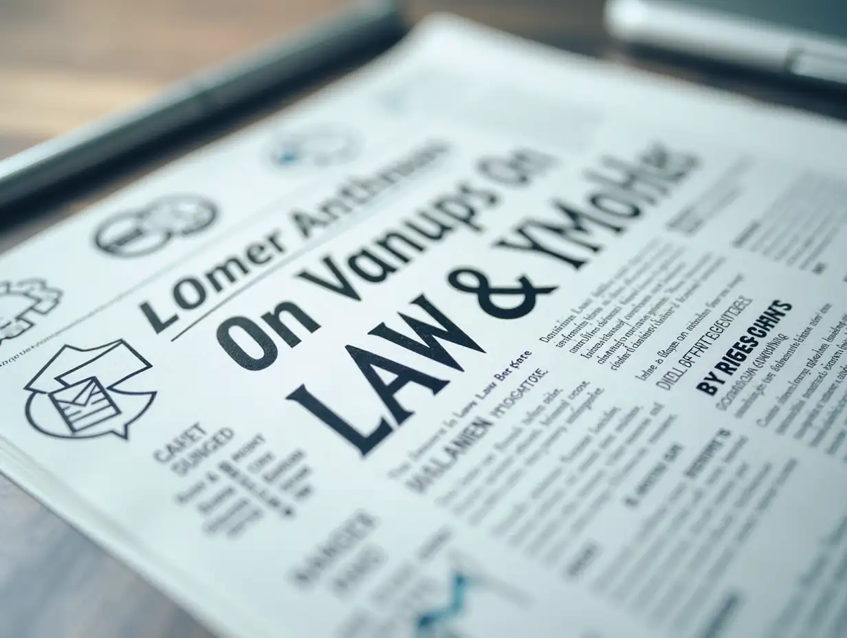 A composition of a digital newspaper with article snippets on law and digital marketing. Next to it, icons of blog posts, emails, SEO graphs. Soft lighting, editorial yet modern look. Ideal for a legal tech blog.