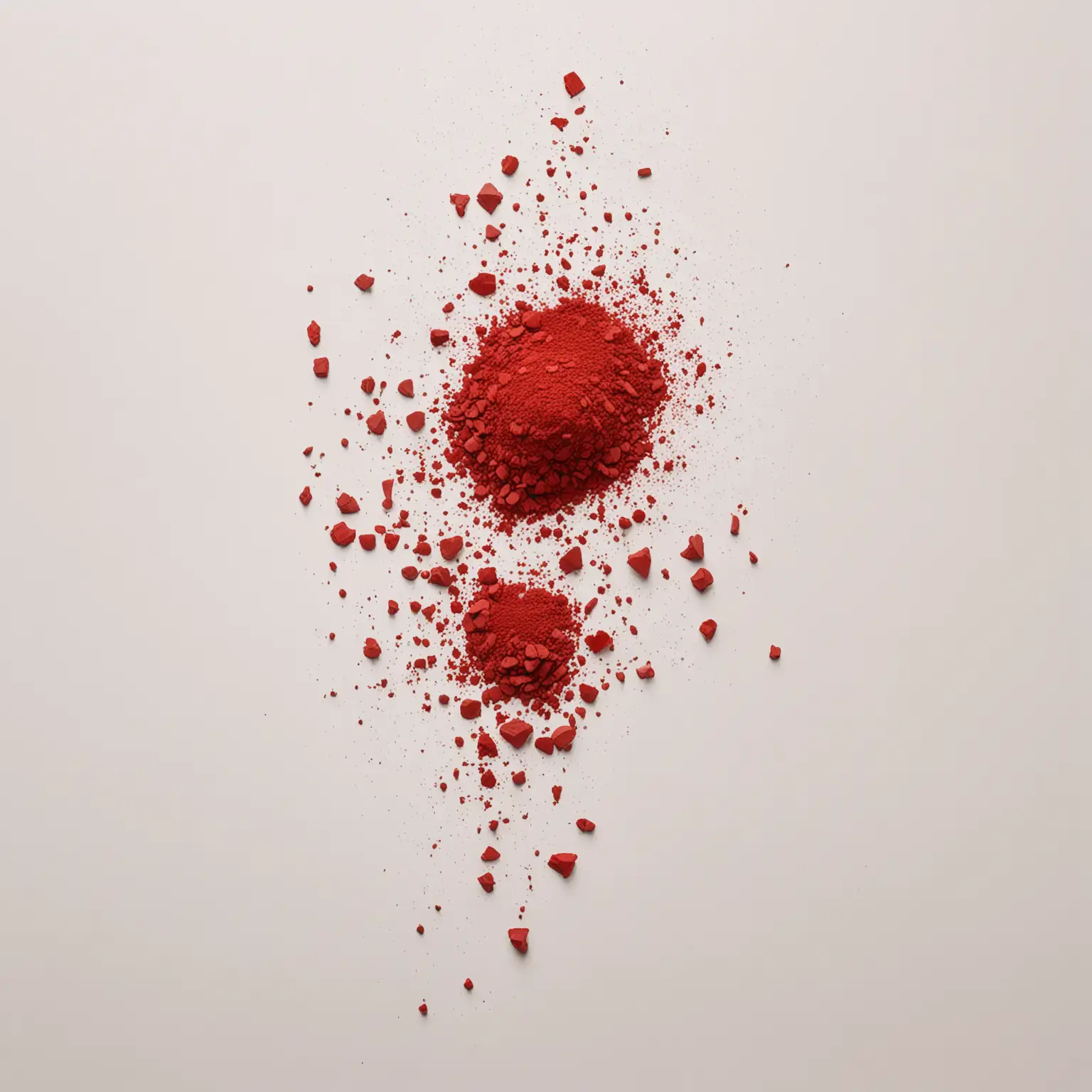 view strictly from above: scattered bright red pigment. Large and small fragments. White background.