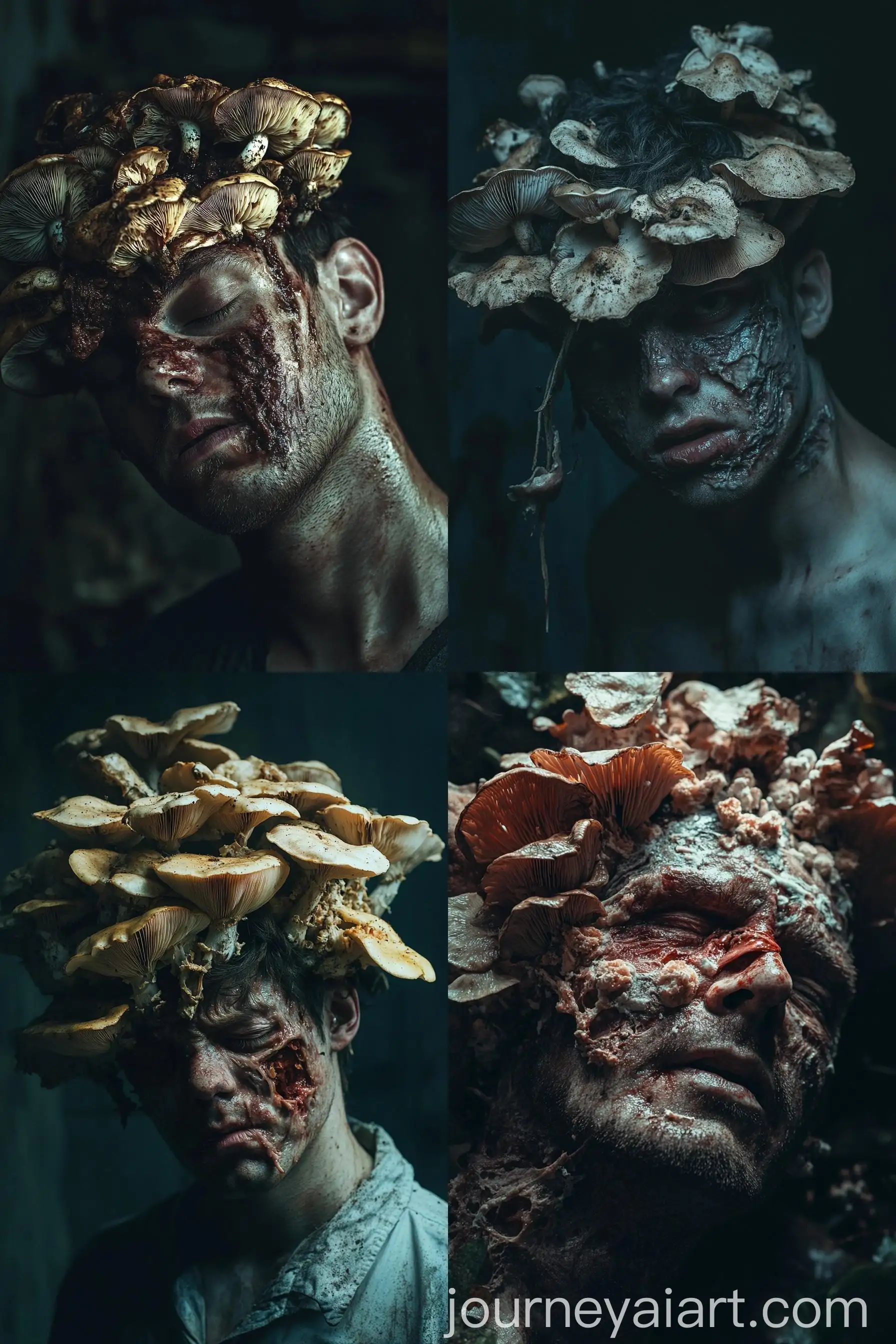 Horror-Scene-Agonizing-Man-with-Rotten-Face-and-Wild-Mushrooms-in-Cinematic-Lighting