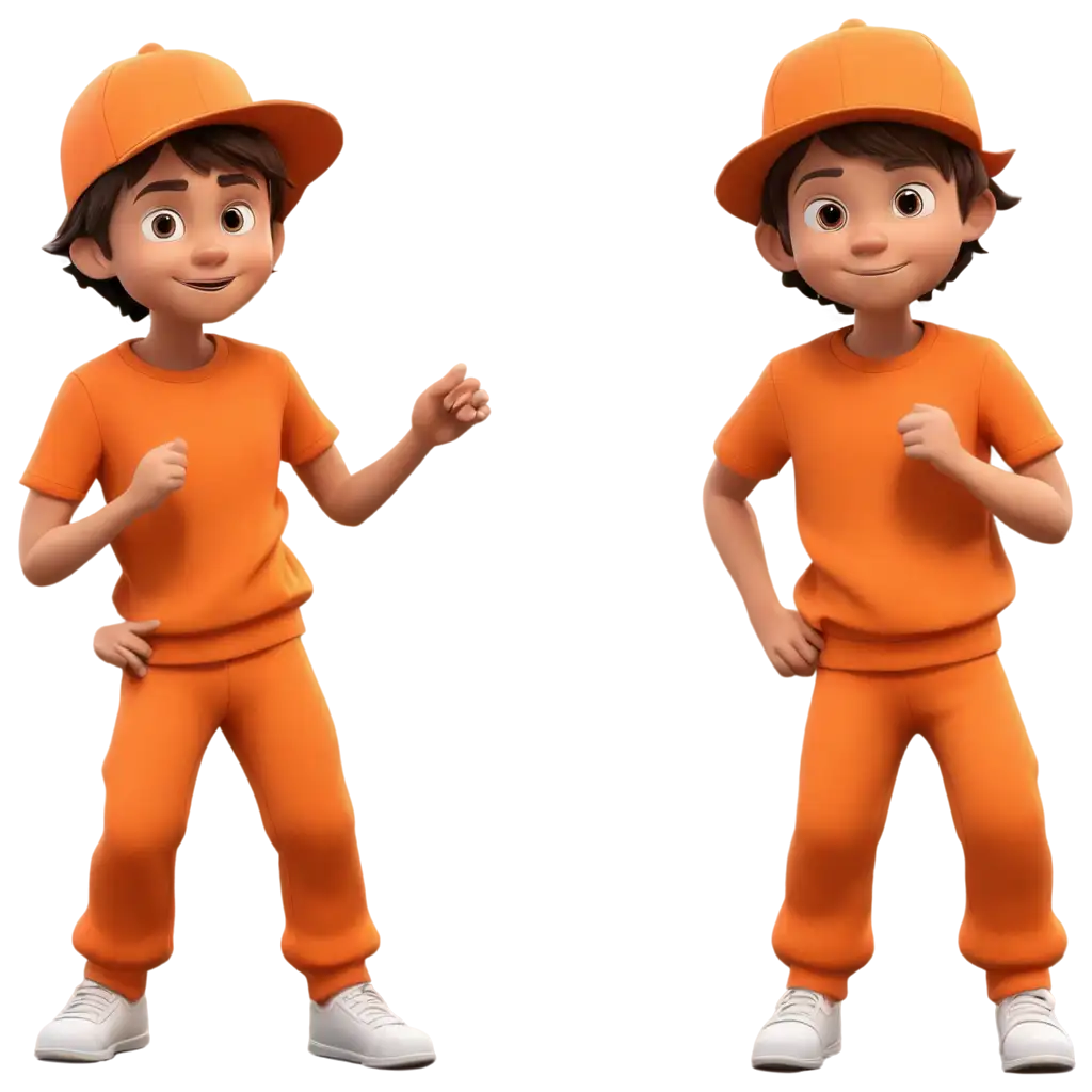 2D-Cartoon-PNG-Image-of-a-Little-Boy-in-Orange-Outfit-with-Big-Head-and-Small-Body-Three-Fun-Poses