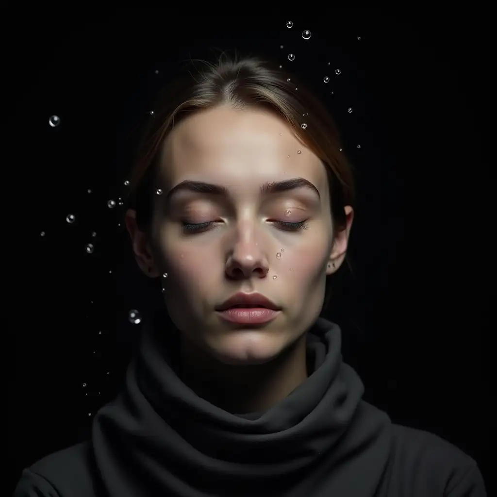 Serene Woman with Eyes Closed Underwater Black Background