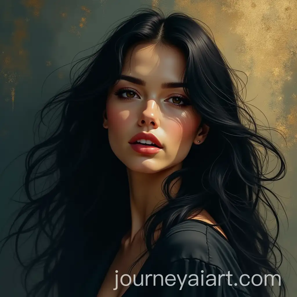Elegant-Woman-with-FlowingAI-Art-Prompt-Expansion-Black-Hair-in-GoldenHued-Painting