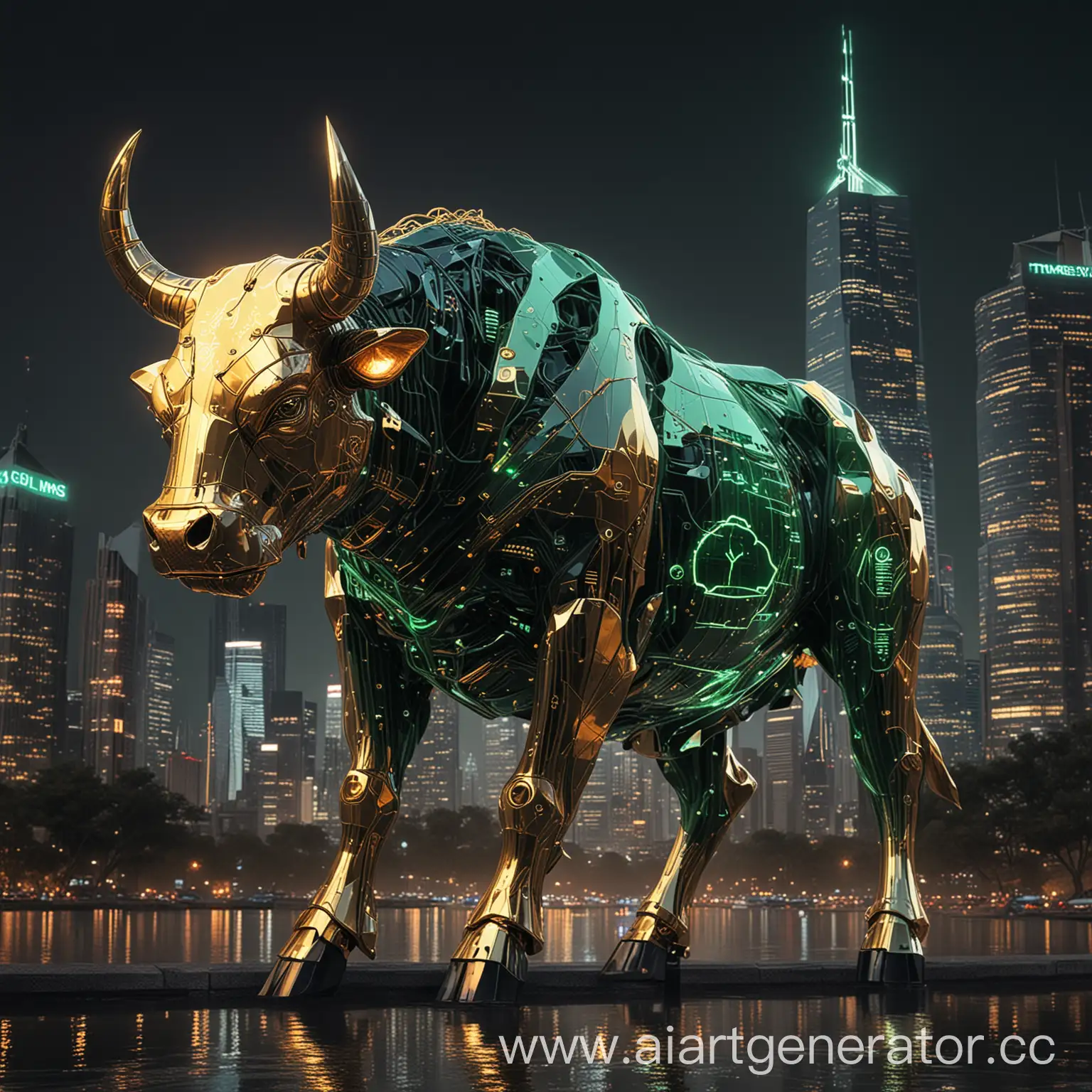 Cybernetic-Bull-Overlooking-Futuristic-Financial-District-at-Twilight