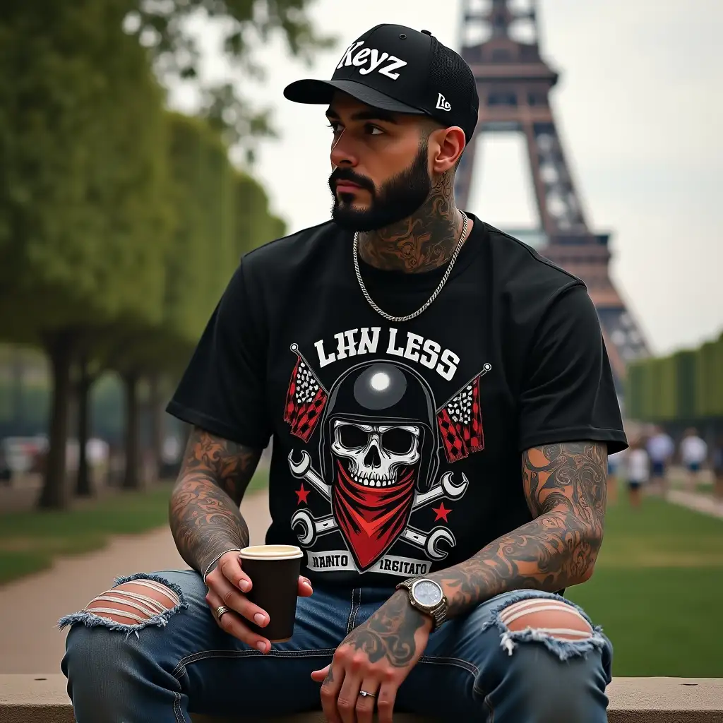 Tattooed-Man-in-Black-Snapback-and-Graphic-TShirt-at-Eiffel-Tower-Garden