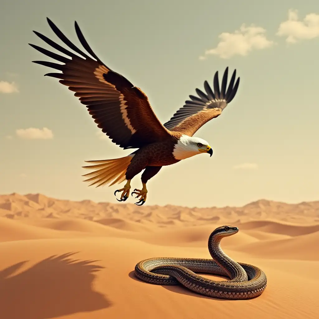 An eagle, flying, in the desert, and a snake, on the ground, coffee color