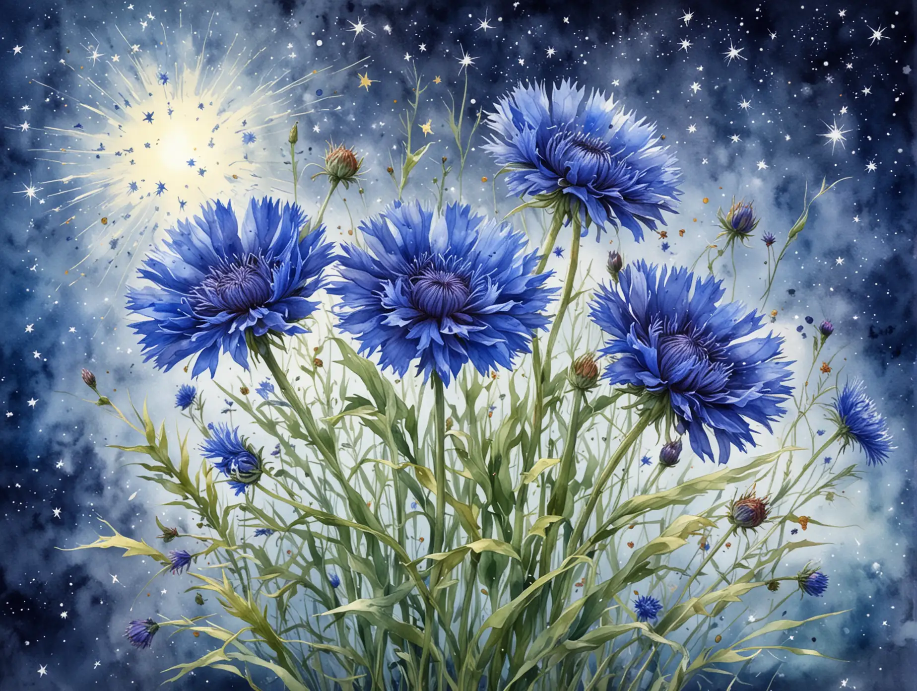 Cornflowers-Bouquet-on-a-Starry-Background-in-Watercolor