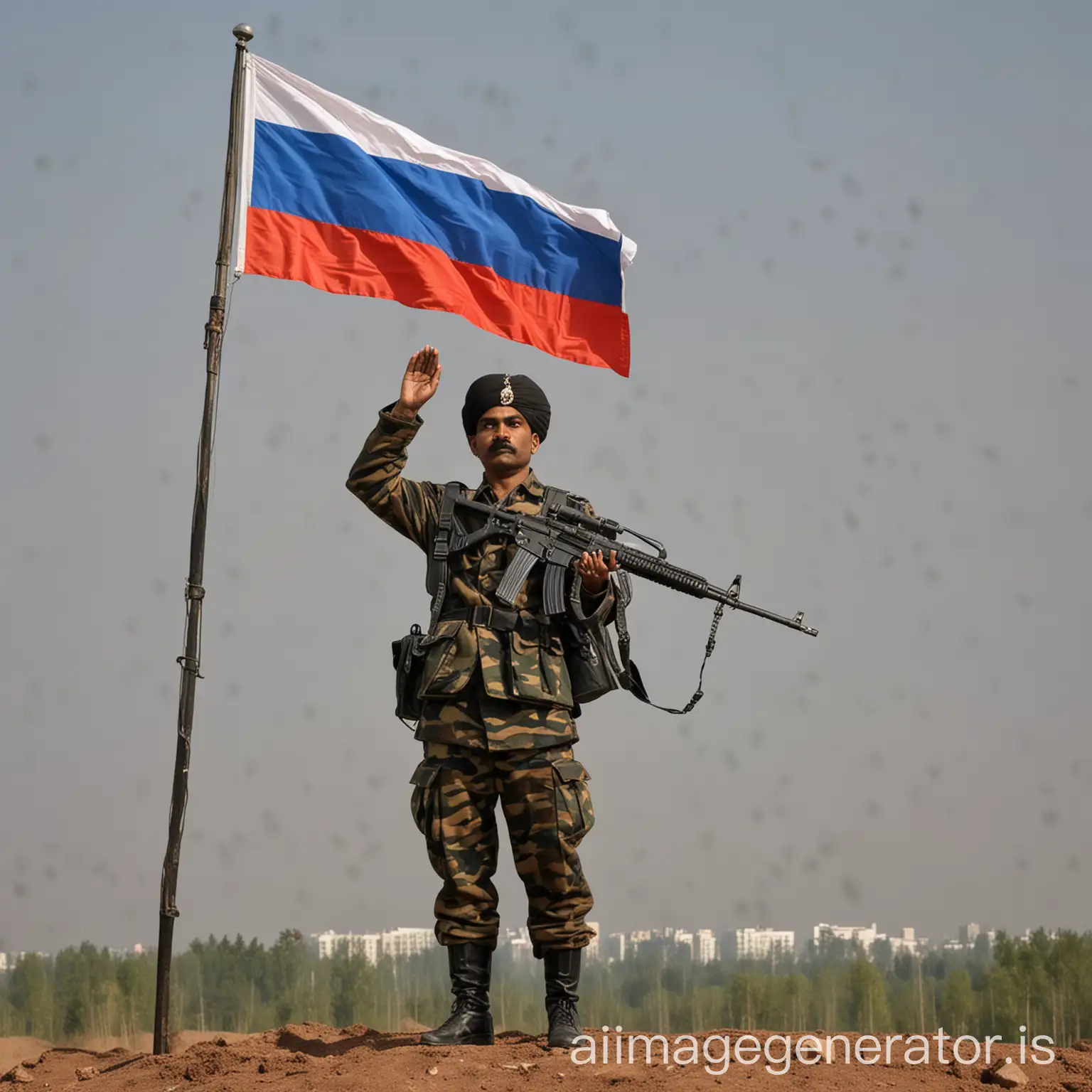 Indian man- camouflage officer with machine gun salutes with russian flying flag