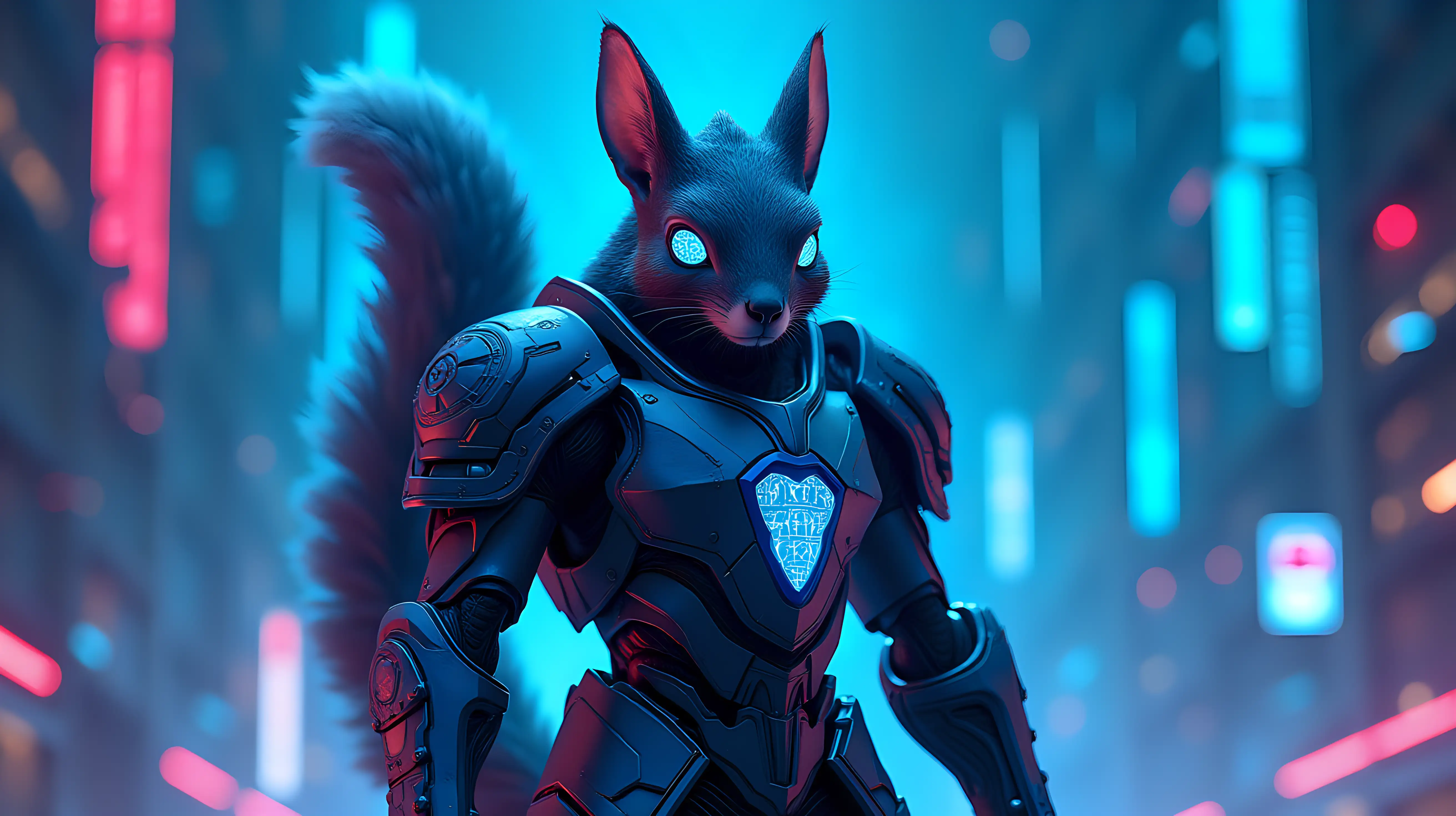 A hyper-realistic cybernetic squirrel knight, standing tall in a powerful stance, wearing a sleek, futuristic battle helmet with a reinforced visor that glows with neon-blue circuitry patterns. The helmet is adorned with sharp, angular edges and a retractable HUD display, enhancing its tactical awareness. The squirrel’s titanium-alloy armor is intricately detailed with glowing blue energy veins, providing a perfect blend of agility and protection. In one hand, it grips a massive high-tech shield embedded with encrypted blockchain data patterns, reflecting holographic cryptographic symbols. In the other hand, it wields a futuristic cyber-mace with a crackling energy core, emitting electric arcs. Its segmented metallic tail moves dynamically like a biomechanical whip.nThe background is a fully immersive cryptographic digital environment—a vast, neon-lit cyberspace filled with cascading blocks of encrypted code, holographic firewalls, decentralized blockchain structures, and quantum security nodes floating in an infinite digital grid. The atmosphere pulses with electric blue and deep violet lights, with glowing cryptographic symbols dynamically shifting in midair. The lighting is cinematic and dramatic, casting radiant reflections on the knight's metallic armor.