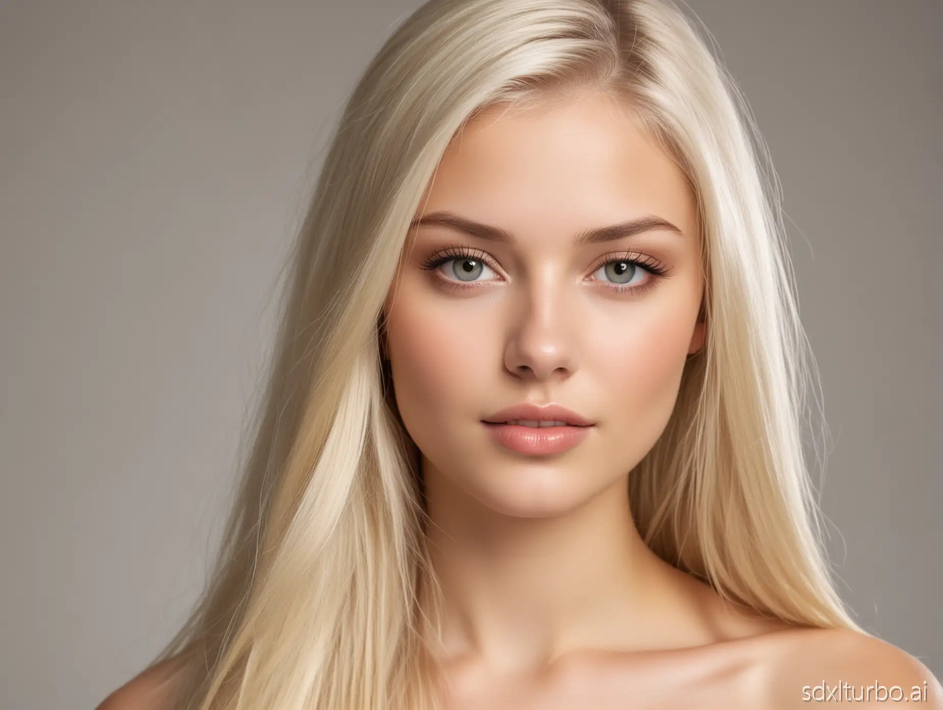 very realistic photograph of a beautiful young top model blonde woman, 20 years old,real,breathtaking beauty,very feminine with very feminine face,pure and innocent face,real skin and hair texture,long silky straight platinum blonde hair