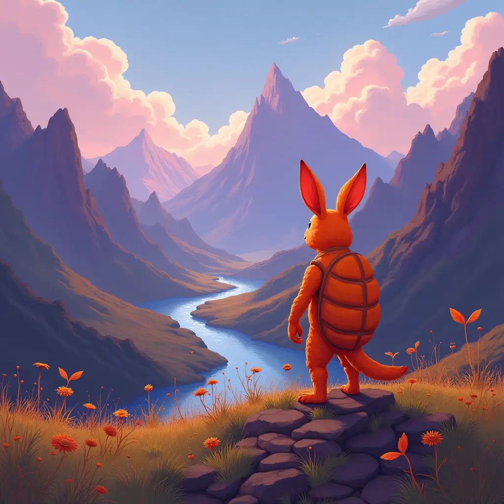 A creature of rabbit lynx turtle, neon orange colored, stands in astonishment on the edge of a brown purple mountain with a view of the valley with a river and meadows with wild animals