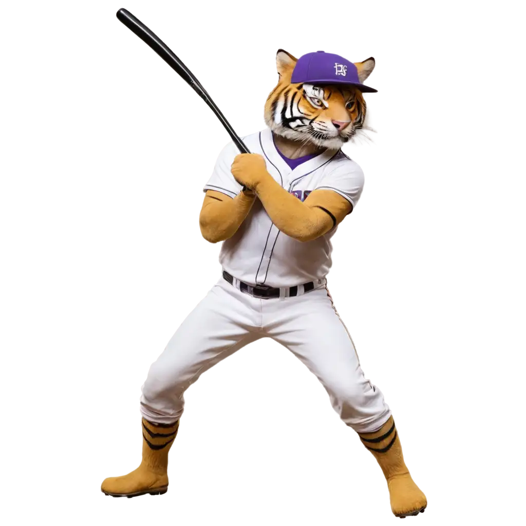 Purple-and-Gold-Tiger-Playing-Baseball-at-Bat-PNG-Image