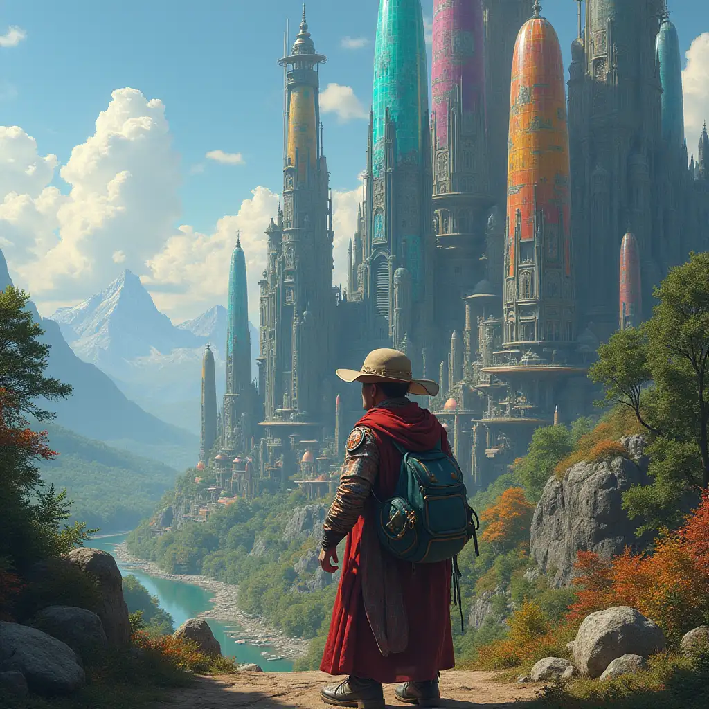 ultradetailed hyperrealistic portrait Multiverse time traveler with various strange beings with futuristic glass towers that are elaborately detailed, colorful forested , in the background mountains city