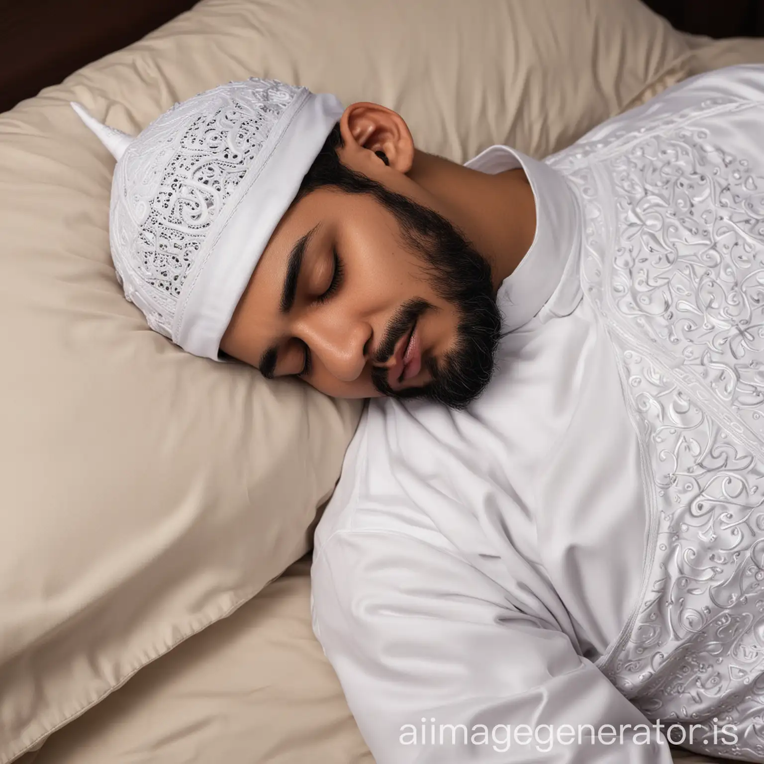 MUSLIM MAN SLEEP WEARING A ISLAMIC WHITE SUIT AND CAP