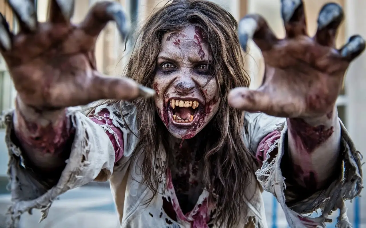 A rotten zombie woman with claw-like nails on her hands,legs long toe  curved nails and a mouth with sharp, ugly jagged jaw teeth. The zombie is dressed in torn clothes, without shoes, they goes after her prey, stretching out they arms in front of they to grab it. the close up, face to face, how The Walking Dead TV Series. photo. full-length photo.