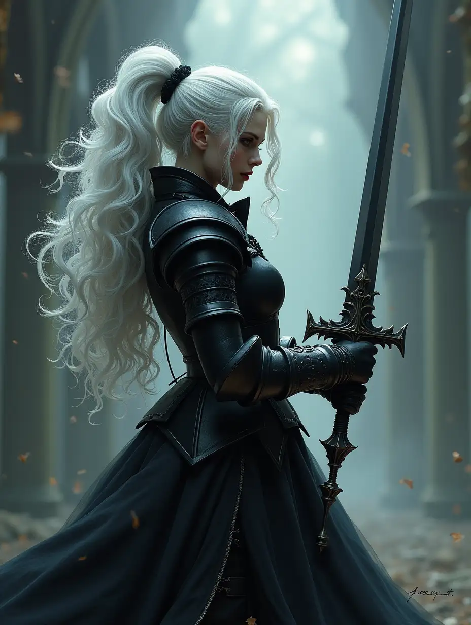 curvy white hair gothic girl, comics drawing, ponytail with black hair stripes, gothic plate armor, gloves, greatsword in hands, epic pose, from above angle, intricate, ultra detailed, award winning, masterpiece, stunning, long exposure, cinematic, atmospheric, depth, gloomy background, by Greg Rutkowski