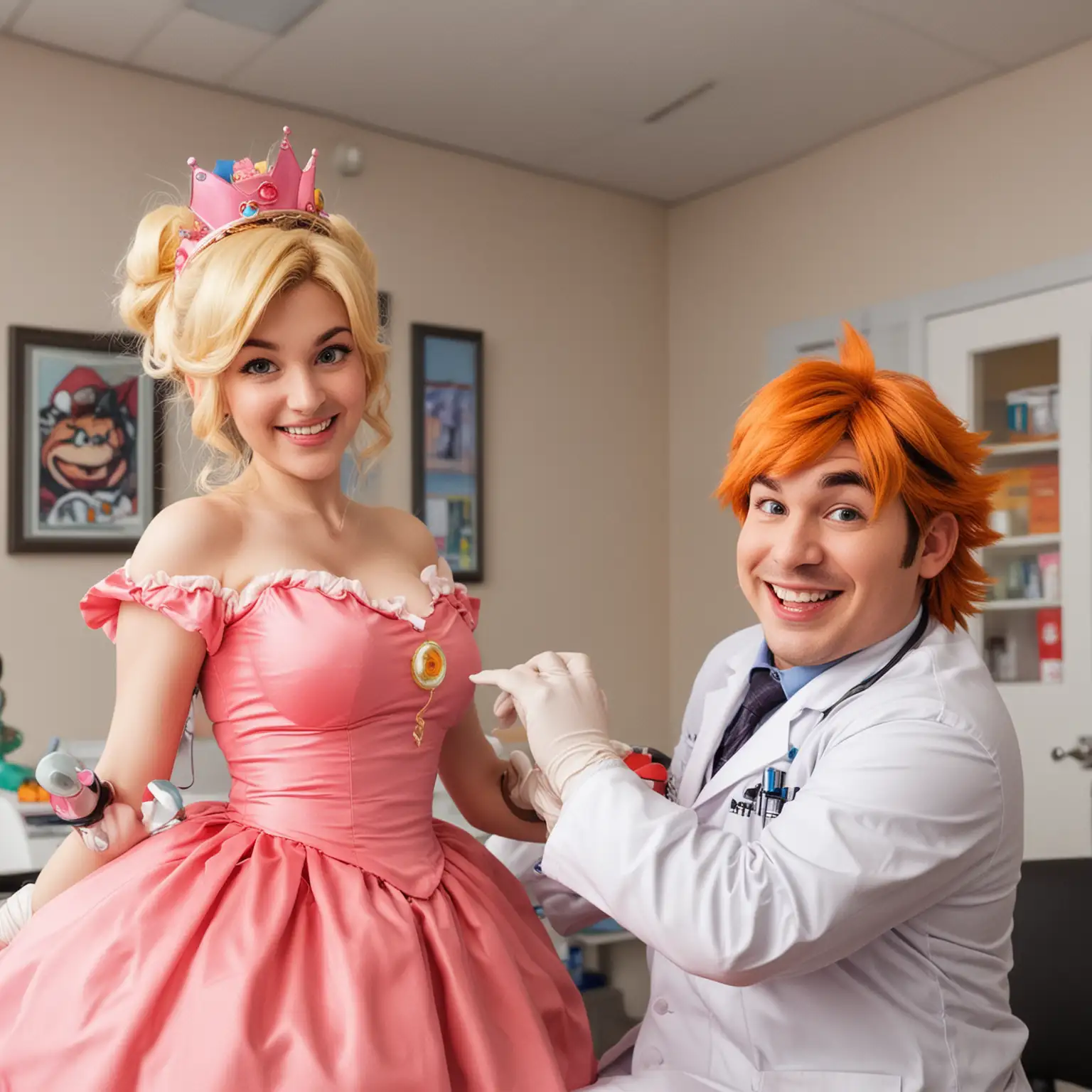 Hystrrical princess peach, grinning doctor bowser.  Doctor office