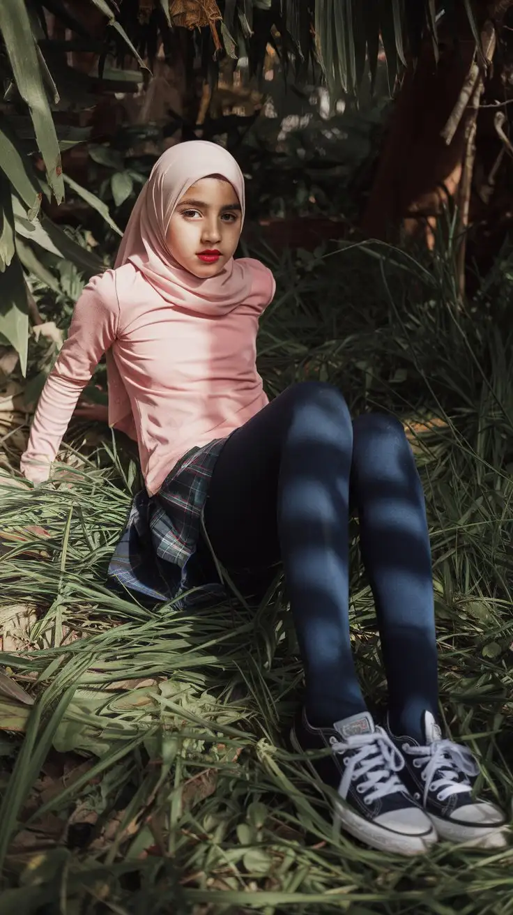 14YearOld-Girl-Relaxing-in-Jungle-with-Pink-Outfit-and-Converse-Shoes