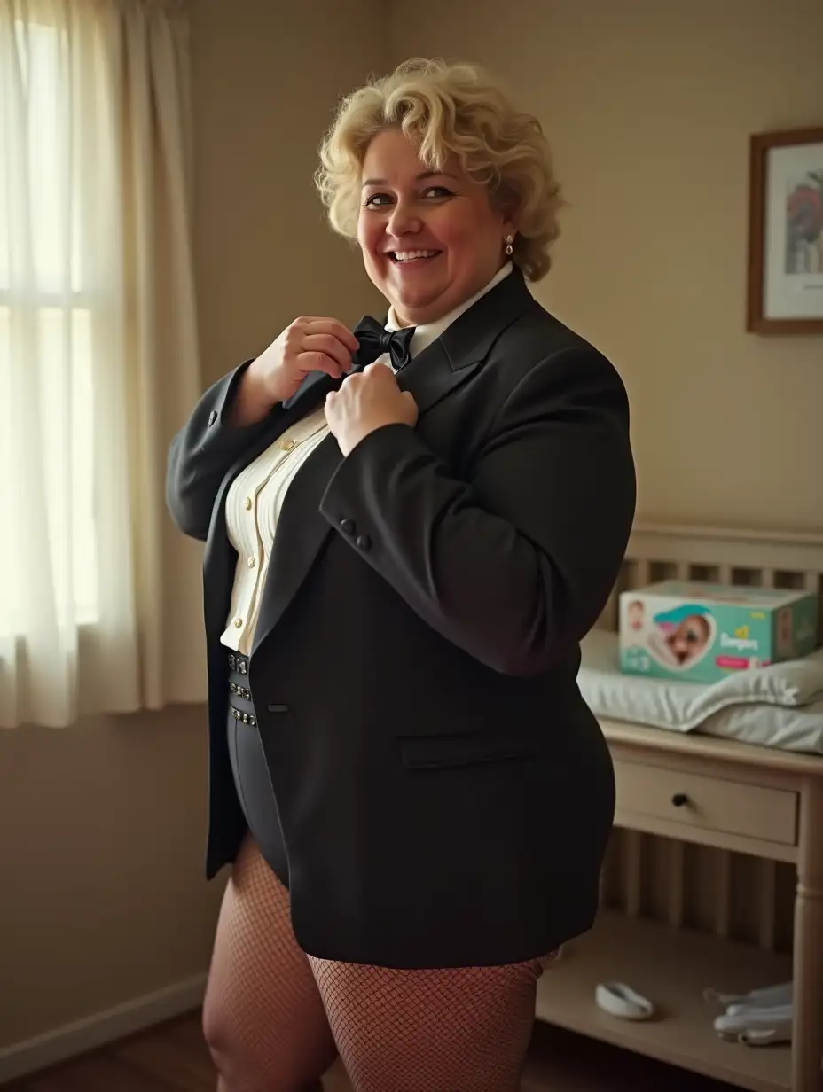 Smiling-MiddleAged-Woman-in-Formal-Tuxedo-at-Nursery-Changing-Table