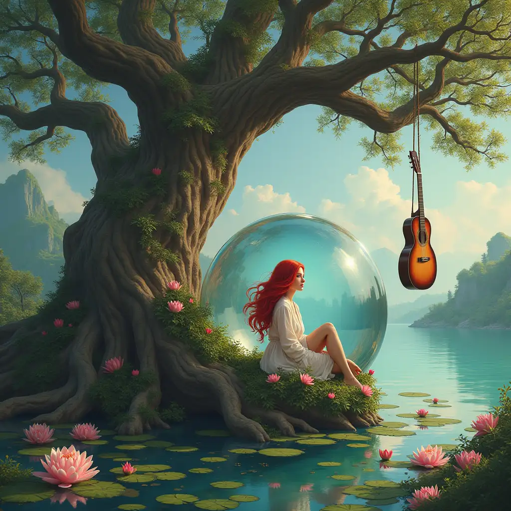 Hyperrealistic portrait of a woman with red and white hair sitting in a crystal ball with a guitar hanging on a rope on a giant tree with elaborately detailed, colorful background with lake and water lilies