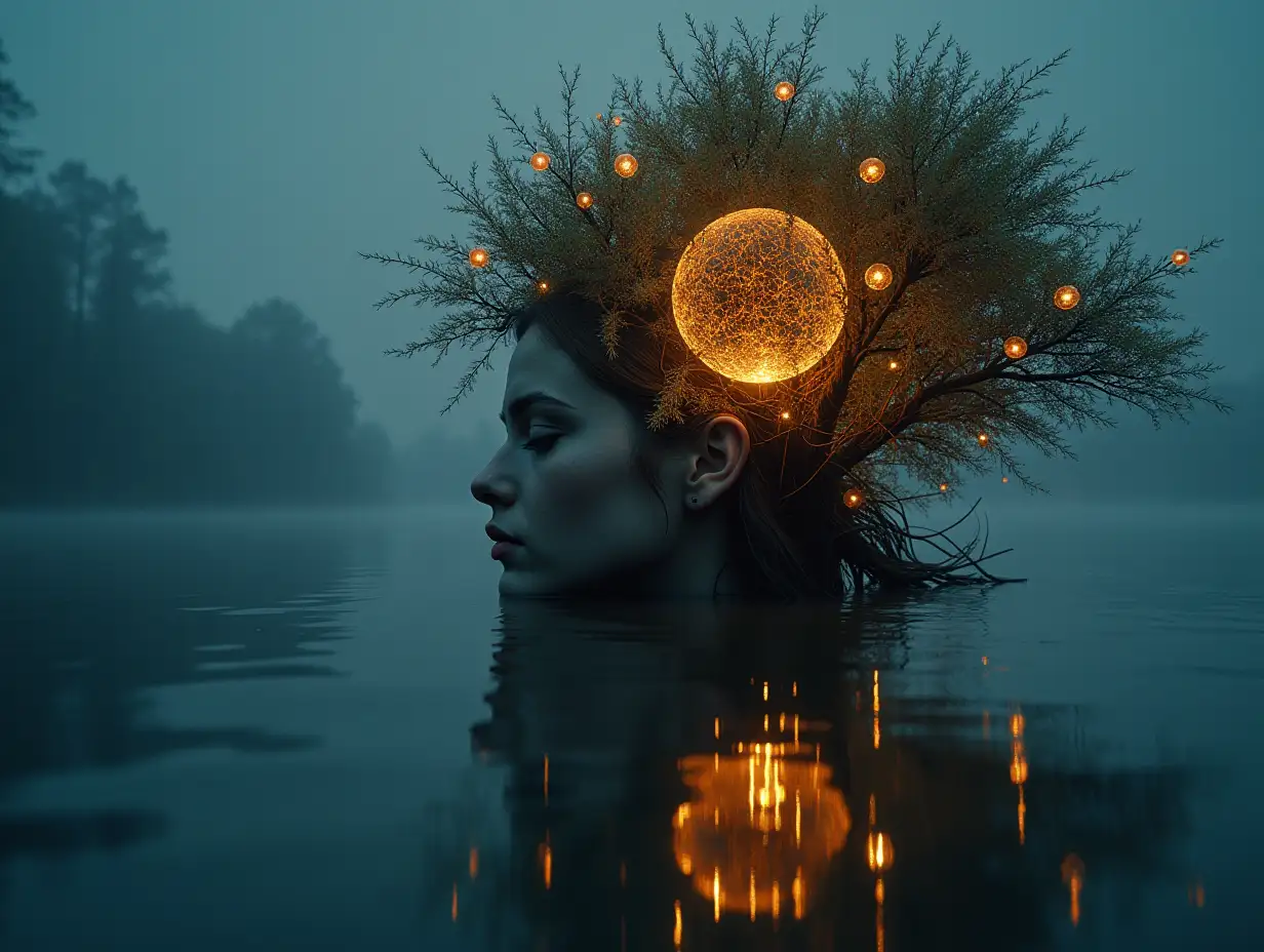 Face with hair transforms into a building with glass glowing balls and roots Lit up on a tree with a lake