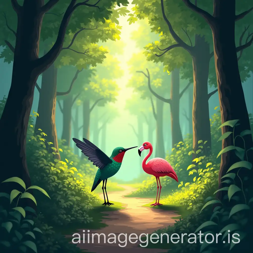 The forest had two paths and the hummingbird went down one, while the flamingo animal went down the other path bidding farewell to the hummingbird. It should be seen in an animated format for a horizontal story but there should be a fork in the forest path