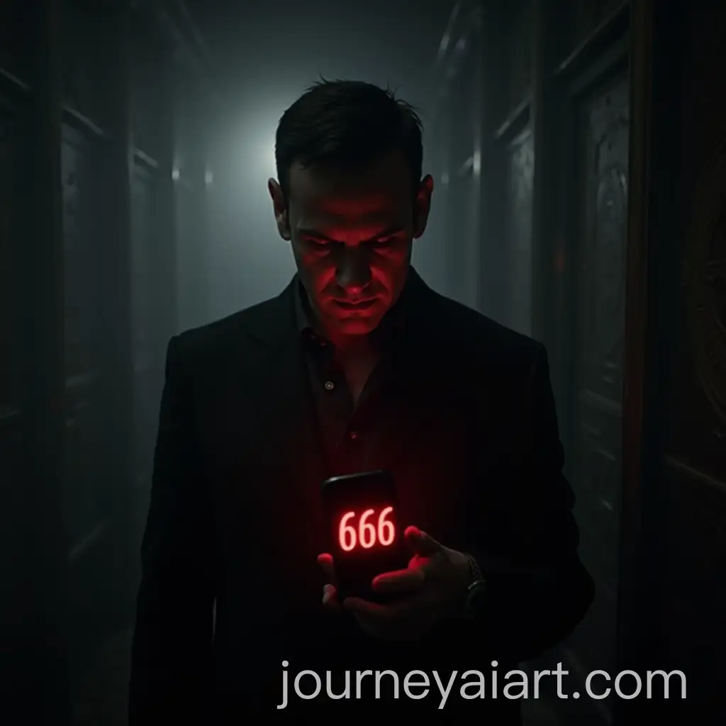 AI-Art-Prompt-ExpansionSinister-Man-Holding-Smartphone-with-Glowing-666-in-Dimly-Lit-Room