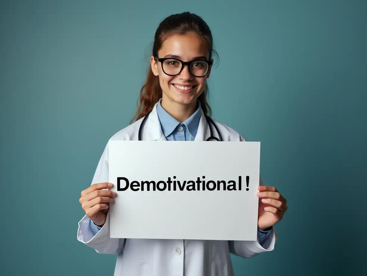 a young scientist or doctor holding a motivational with a demotivational message.