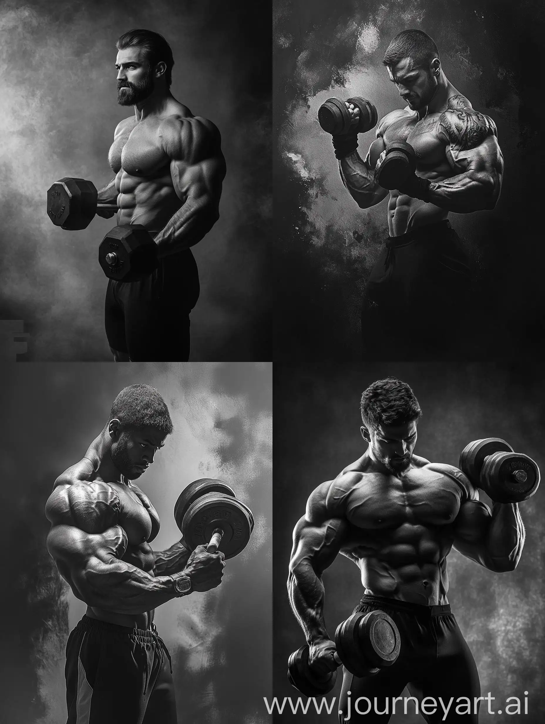 Muscular-Man-Exercising-with-Dumbbells-in-Black-and-White